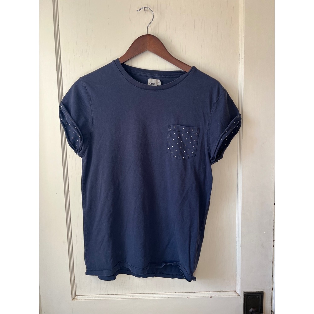 ASOS Navy Blue Crew Neck T Shirt With White Polka Dot Pocket And Cuffs Womens
